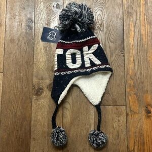 Robin Ruth NEW Adult Beanie Knit "Tokyo” Pom Pom Top & Tassels Hat Blue